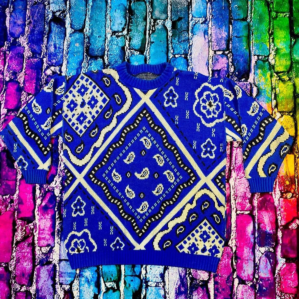 Vtg 80s Traffic Jam Blue  Bandana Sweater USA Made Womens Large cut tag
